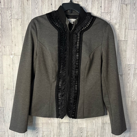 Coldwater Creek Charcoal Grey Jacket with Victorian Style Black Trim Size 10 - Picture 1 of 12